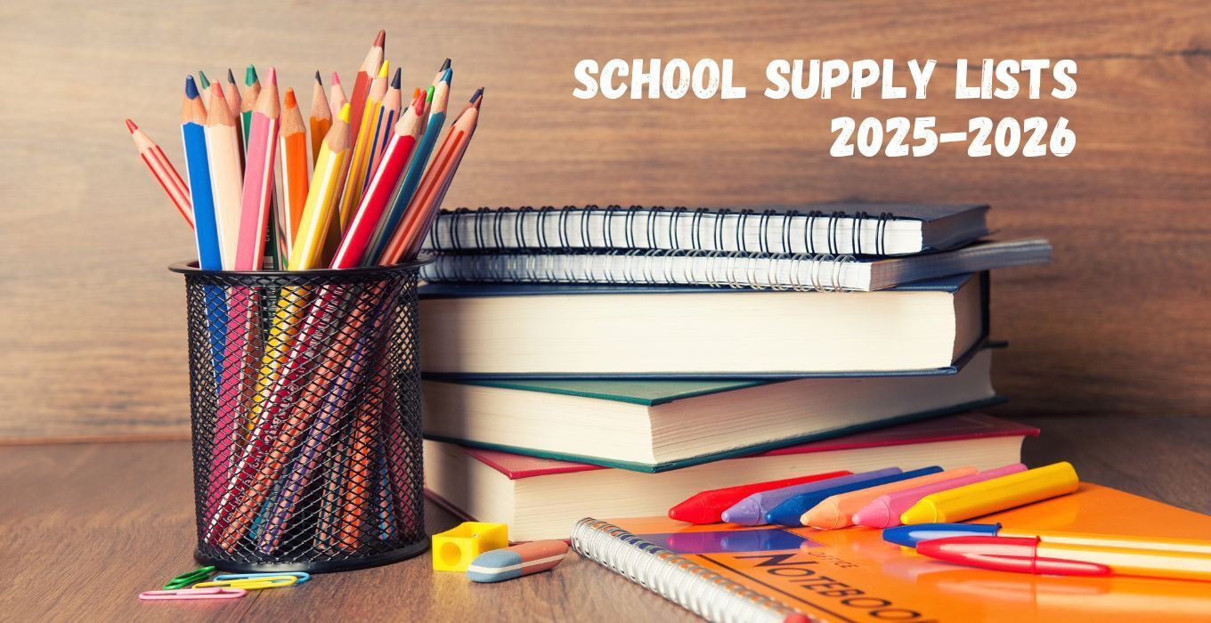 School Supply lists 2025-26 - image of pencils and books on desk